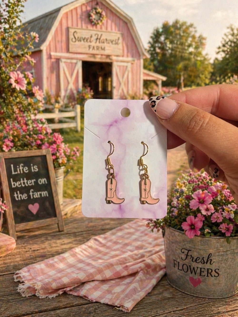 ✨ Handmade Pink Cowboy Boot Earrings